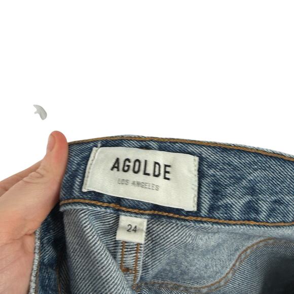 Agolde 90s Pinch Waist Jeans Button Fly Distressed Lineup Medium Wash Womens 24 - Picture 9 of 11